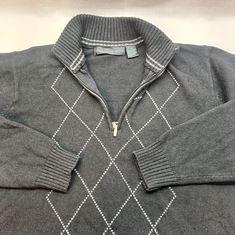 Oscar De La Renta Men's Gray Argyle‎ Diamond Quarter Zip Knit Pullover Sweater M